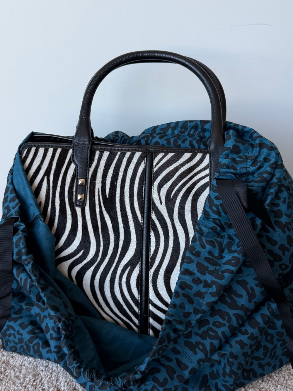 Rebecca Minkoff Black Leather & Zebra Faux Fur Satchel Tote - Picture 5 of 8